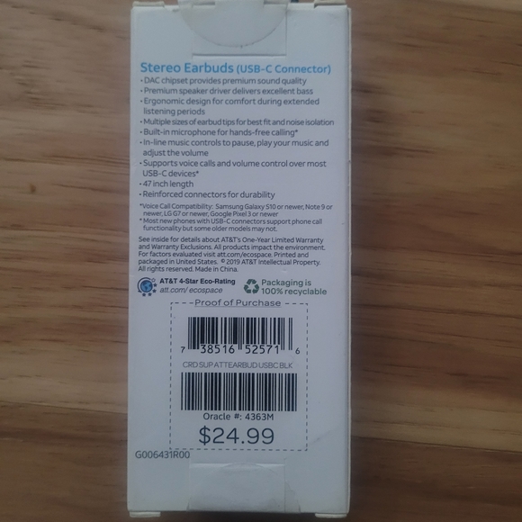 "New" AT & T Strereo Earbud (USB-C Connecor). - Picture 2 of 2